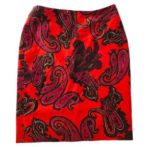 Talbots Red Orange Paisley Velvet Velour Pencil Skirt Knee Length Womens Size 4